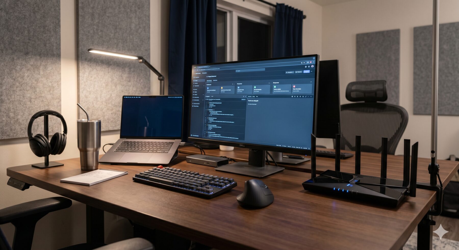 A turnkey in-unit workspace: dedicated Wi-Fi router, laptop, monitor, noise-canceling headphones, insulated travel mug, and acoustic panels