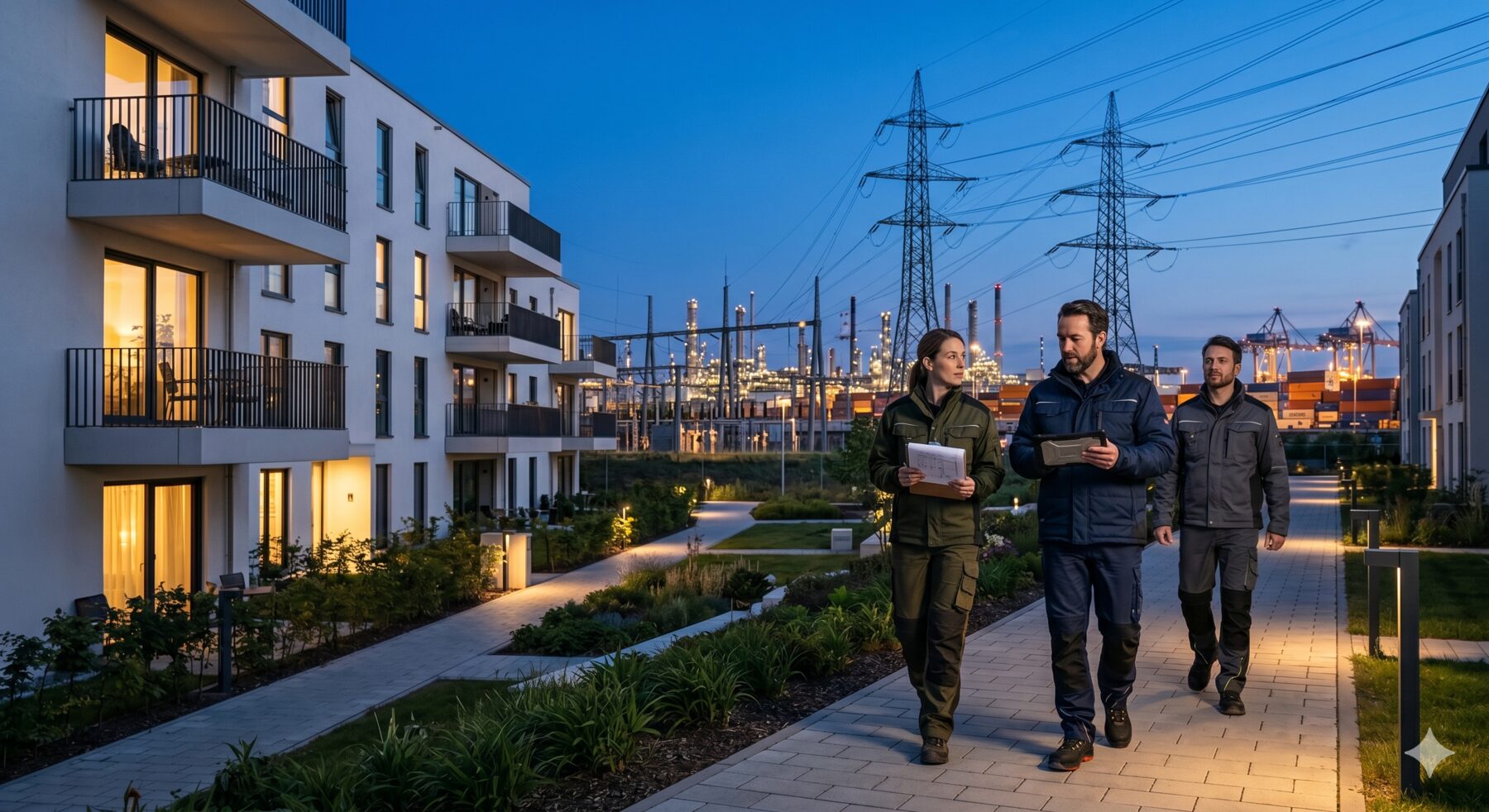 Residential outpost apartments at dusk beside an active industrial port and power infrastructure