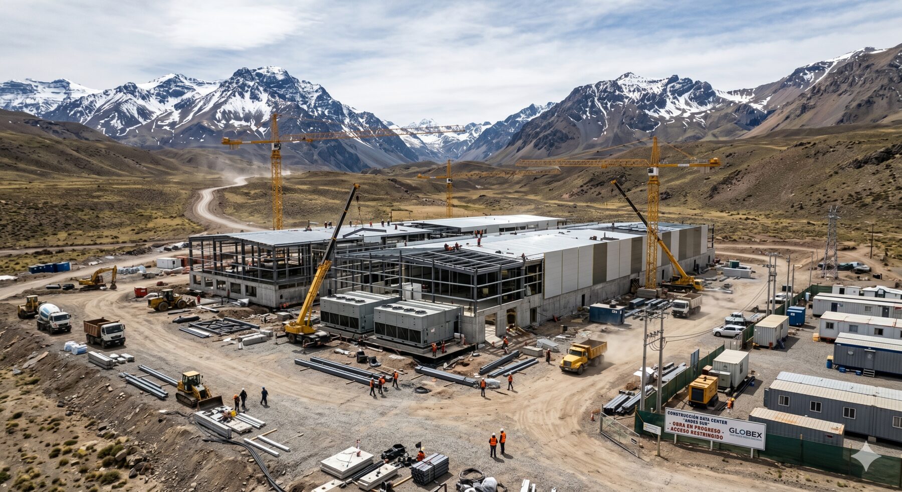 A gigafactory under construction in a remote mountain valley