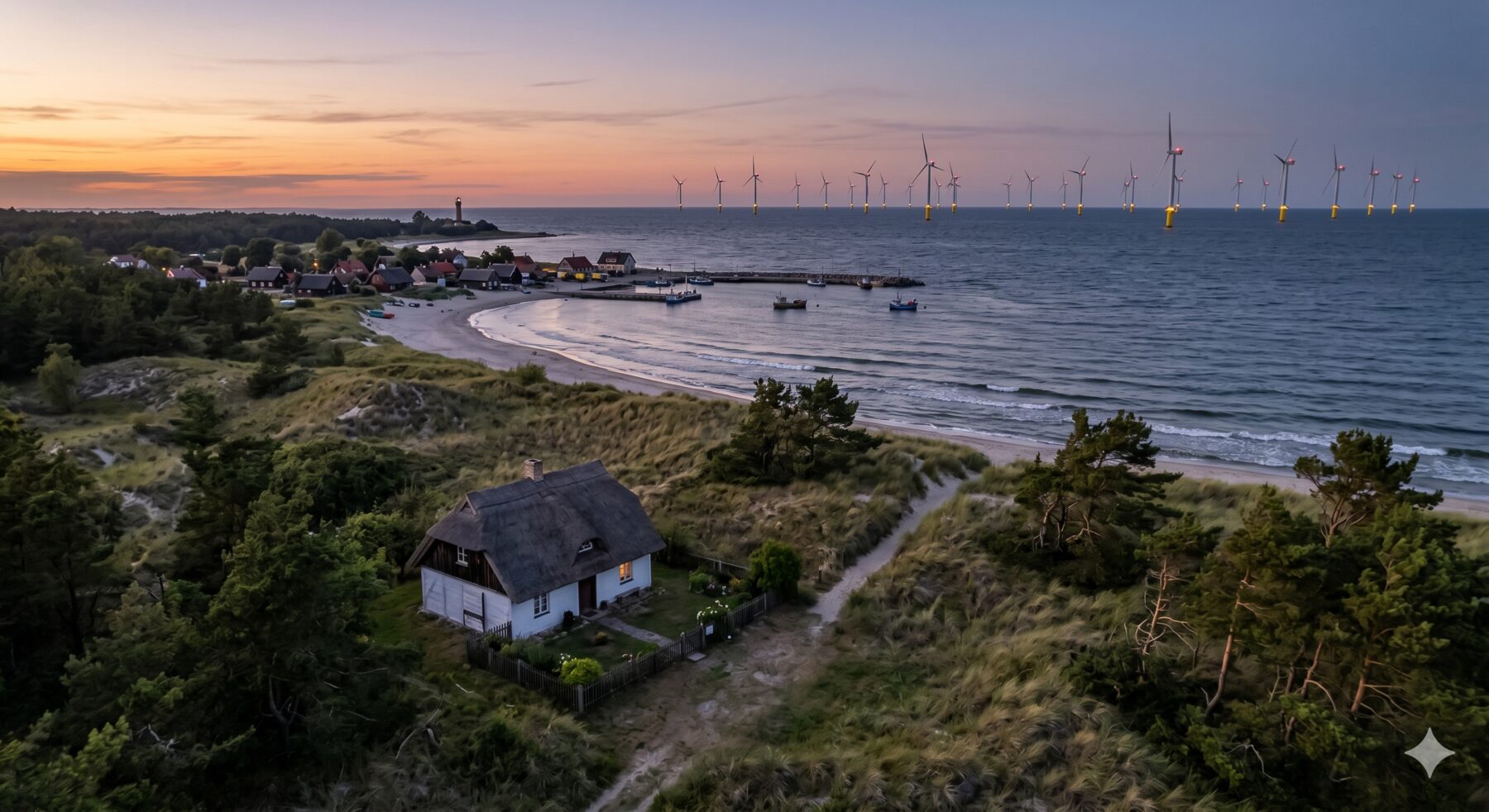 Coastal residence beside an offshore wind farm at sunset